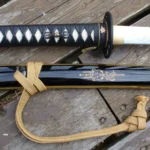 Black Gloss Saya Katana, Gold Embossed Logo, White Blade Decorative Sword